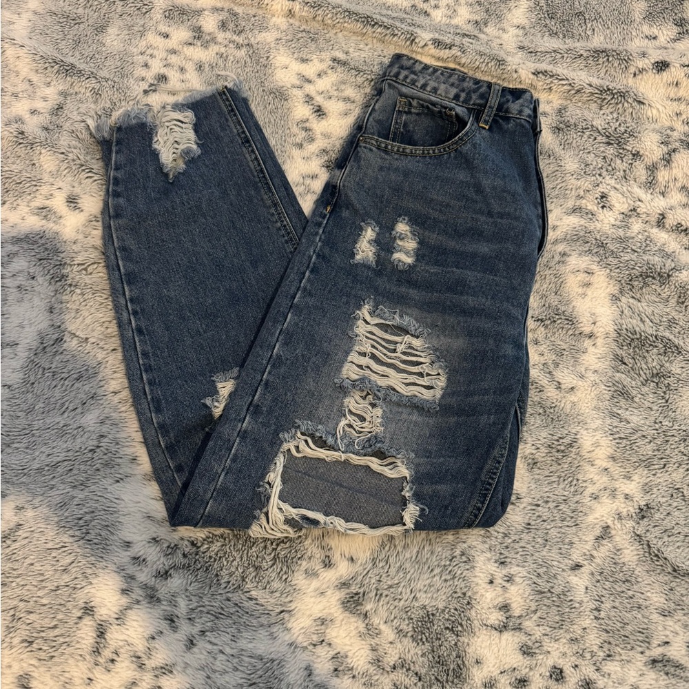 SHEIN Dark Blue Distressed Boyfriend Jeans